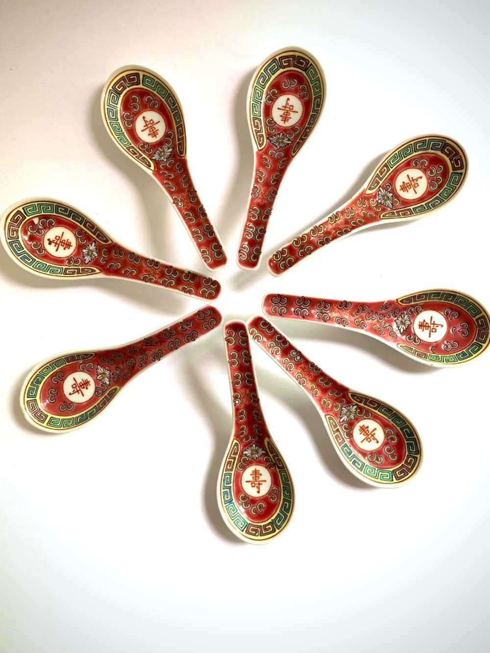 Chinese Porcelain Soup Spoons – Red Longevity Pattern – Set of 8 Vintage